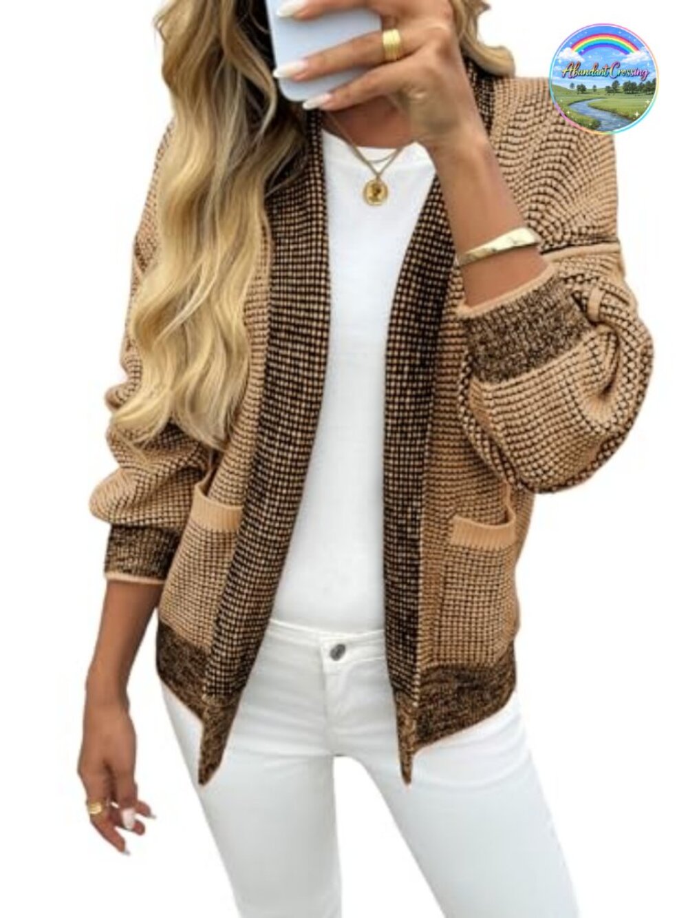 Womens Waffle Knit Cardigan Open Front with Pockets Long Sleeve Shawl Collar